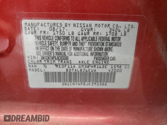 2018 Nissan Versa Sedan SV with VIN 3N1CN7AP8JK393388, listed as a Copart auction lot 51688445 with 102,028 mi miles and Non Repairable. Bid and sale history available at carsss.com. Image 13.