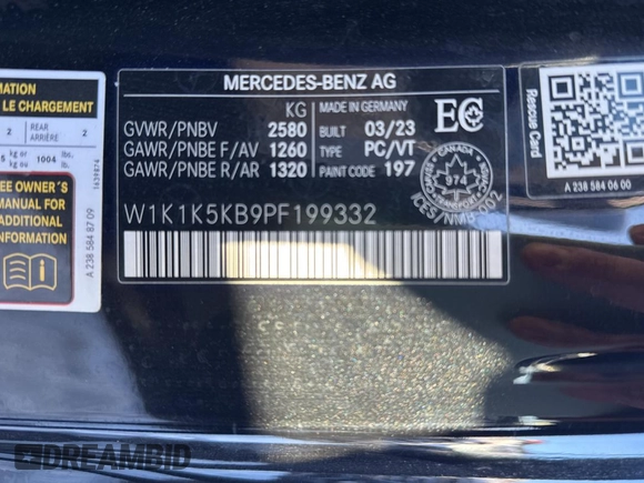 2023 Mercedes-Benz E-Class E 450 with VIN W1K1K5KB9PF199332, listed as a Copart auction lot 85362034 with 7,290 mi miles and Salvage Title. Bid and sale history available at carsss.com. Image 10.