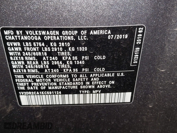 2019 Volkswagen Atlas SE с VIN 1V2DR2CA1KC591124, выставлен на аукционе IAAI как лот 42111572 с пробегом 40 430 миль миль и . История ставок и продаж доступна на DreamBid. Изображение 9.