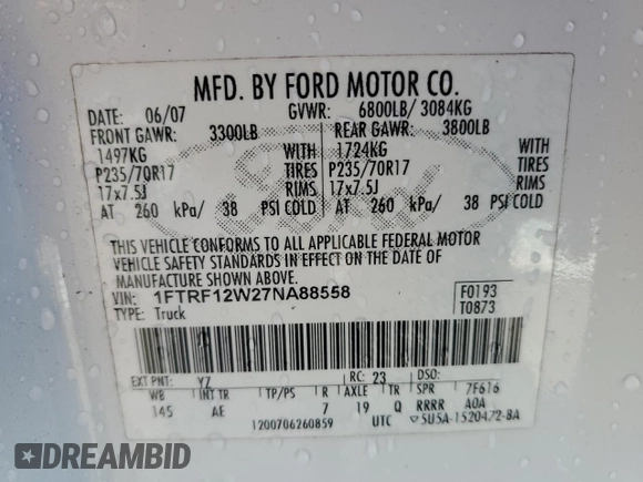 2007 Ford F-150 XL with VIN 1FTRF12W27NA88558, listed as a Copart auction lot 88510995 with 166,451 mi miles and Salvage Title. Bid and sale history available at carsss.com. Image 13.
