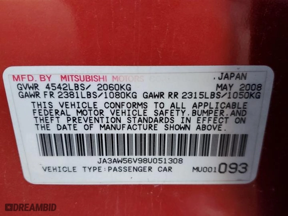 2008 Mitsubishi Lancer Evolution MR with VIN JA3AW56V98U051308, listed as a Copart auction lot 50452355 with 0 mi miles and Salvage Title. Bid and sale history available at carsss.com. Image 13.