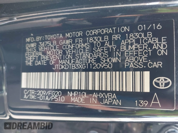 2016 Toyota Prius One with VIN JTDKDTB3XG1120950, listed as a IAAI auction lot 42040834 with 43,953 mi miles and . Bid and sale history available at DreamBid. Image 9.