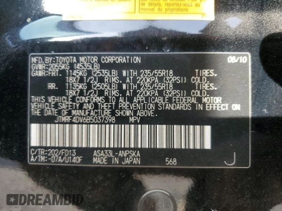 2011 Toyota RAV4 Sport with VIN JTMRF4DV6B5037398, listed as a Copart auction lot 87374214 with 182,390 mi miles and Non Repairable. Bid and sale history available at carsss.com. Image 13.