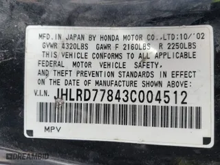 2003 Honda CR-V EX with VIN JHLRD77843C004512, listed as a IAAI auction lot 41826252 with 1 mi miles. Bid and sale history available at carsss.com. Image 9.