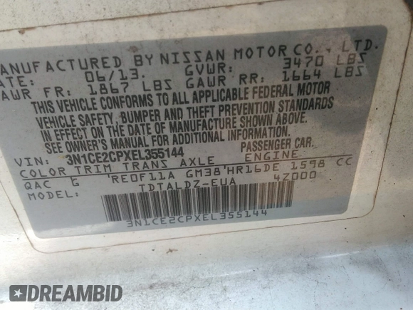 2014 Nissan Note S Plus with VIN 3N1CE2CPXEL355144, listed as a IAAI auction lot 42402559 with 166,514 mi miles and . Bid and sale history available at DreamBid. Image 9.