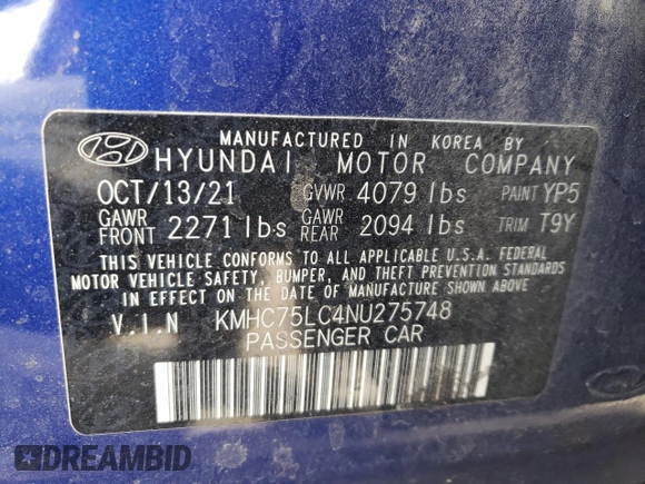 2022 Hyundai Ioniq SE with VIN KMHC75LC4NU275748, listed as a Copart auction lot 82028704 with 54,800 mi miles and Salvage title. Bid and sale history available at DreamBid. Image 13.