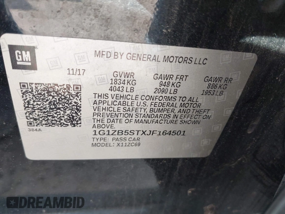 2018 Chevrolet Malibu LS with VIN 1G1ZB5STXJF164501, listed as a IAAI auction lot 42092462 with 153,588 mi miles and . Bid and sale history available at DreamBid. Image 9.