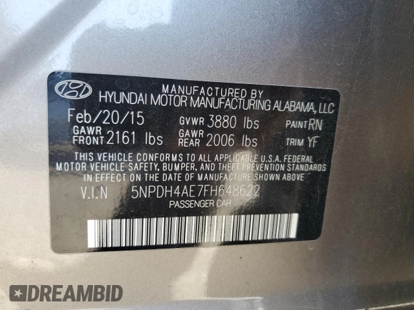 2015 Hyundai Elantra SE с VIN 5NPDH4AE7FH648622, выставлен на аукционе Copart как лот 50572715 с пробегом 76 807 миль миль и Списание • Salvage title. История ставок и продаж доступна на DreamBid. Изображение 12.