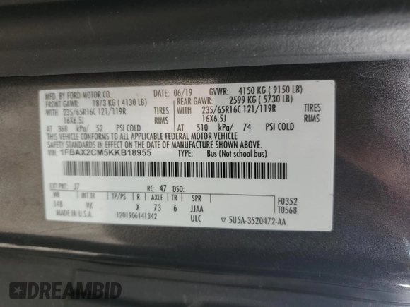 2019 Ford Transit Passenger XL with VIN 1FBAX2CM5KKB18955, listed as a Copart auction lot 48041645 with 65,430 mi miles and Salvage Title. Bid and sale history available at carsss.com. Image 12.