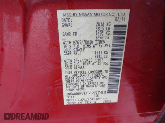 2014 Nissan Frontier SV with VIN 1N6AD0EV3EN726763, listed as a IAAI auction lot 41561599 with 131,893 mi miles and . Bid and sale history available at DreamBid. Image 9.