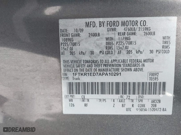 2010 Ford Ranger XL with VIN 1FTKR1ED7APA10291, listed as a IAAI auction lot 41507714 with 237,811 mi miles. Bid and sale history available at carsss.com. Image 9.