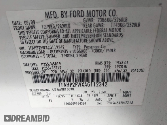 2010 Ford Taurus Limited with VIN 1FAHP2FWXAG112342, listed as a IAAI auction lot 42005142 with 148,947 mi miles. Bid and sale history available at carsss.com. Image 9.