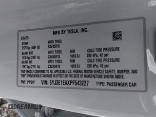 2023 Tesla Model 3 z VIN 5YJ3E1EAXPF543227, wystawiony jako IAAI lot #41150158 z przebiegiem 19 782 mil mil oraz . Historia ofert i sprzedaży dostępna na DreamBid. Obrazek 9.
