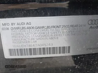 2007 Audi A4 with VIN WAUEH78E47A045743, listed as a IAAI auction lot 41852675 with 118,635 mi miles and . Bid and sale history available at DreamBid. Image 9.
