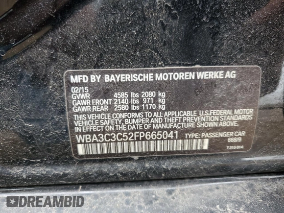 2015 BMW 3 Series 320i xDrive with VIN WBA3C3C52FP665041, listed as a Copart auction lot 51514605 with 163,732 mi miles and Salvage Title. Bid and sale history available at carsss.com. Image 13.