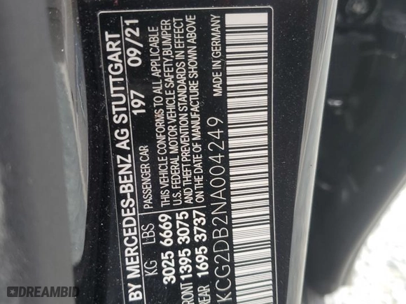 2022 Mercedes-Benz EQS with VIN W1KCG2DB2NA004249, listed as a Copart auction lot 86476954 with NaN miles and Salvage Title. Bid and sale history available at carsss.com. Image 12.