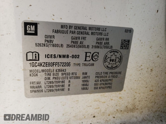 2015 Chevrolet Silverado 3500HD LT z VIN 1GC4KZE80FF572206, wystawiony jako Copart lot #54986133 z przebiegiem Nie podano mil oraz Szkoda całkowita • Salvage title. Historia ofert i sprzedaży dostępna na DreamBid. Obrazek 14.