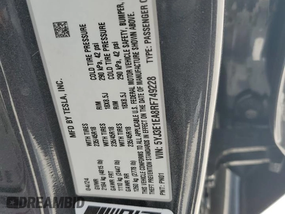 2024 Tesla Model 3 z VIN 5YJ3E1EA8RF749228, wystawiony jako Copart lot #54073925 z przebiegiem 5 369 mil mil oraz Szkoda całkowita • Salvage title. Historia ofert i sprzedaży dostępna na DreamBid. Obrazek 12.