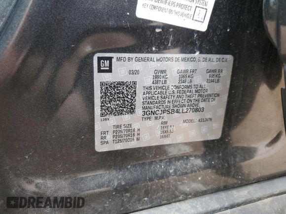 2020 Chevrolet Trax LT with VIN 3GNCJPSB4LL270803, listed as a Copart auction lot 64568325 with 36,053 mi miles and Clean title. Bid and sale history available at DreamBid. Image 12.