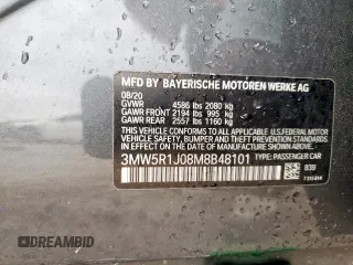2021 BMW 3 Series 330i with VIN 3MW5R1J08M8B48101, listed as a Copart auction lot 57802525 with 47,604 mi miles and Salvage title. Bid and sale history available at DreamBid. Image 13.