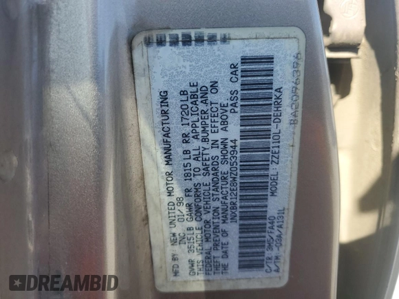 1998 Toyota Corolla VE with VIN 1NXBR12E8WZ053944, listed as a Copart auction lot 53272035 with Not provided miles and Salvage title. Bid and sale history available at DreamBid. Image 14.