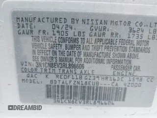 2024 Nissan Versa SV z VIN 3N1CN8EV3RL896606, wystawiony jako IAAI lot #42376921 z przebiegiem 16 157 mil mil oraz . Historia ofert i sprzedaży dostępna na DreamBid. Obrazek 9.
