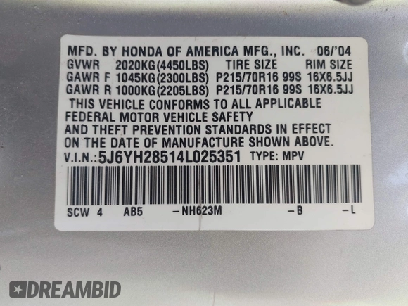 2004 Honda Element EX с VIN 5J6YH28514L025351, выставлен на аукционе IAAI как лот 42335544 с пробегом 162 204 миль миль и . История ставок и продаж доступна на DreamBid. Изображение 9.