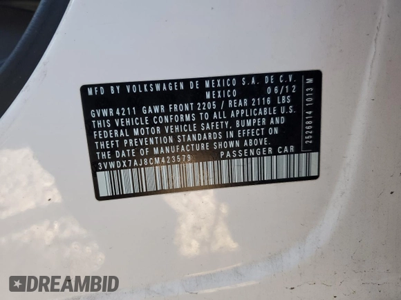 2012 Volkswagen Jetta Sedan SE w/Convenience & Sunroof with VIN 3VWDX7AJ8CM423579, listed as a Copart auction lot 50380295 with 0 mi miles and Salvage Title. Bid and sale history available at carsss.com. Image 14.