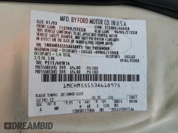 2003 Mercury Sable LS z VIN 1MEHM55S53A618975, wystawiony jako Copart lot #52073645 z przebiegiem 88 650 mil mil oraz Szkoda całkowita • Salvage title. Historia ofert i sprzedaży dostępna na DreamBid. Obrazek 12.
