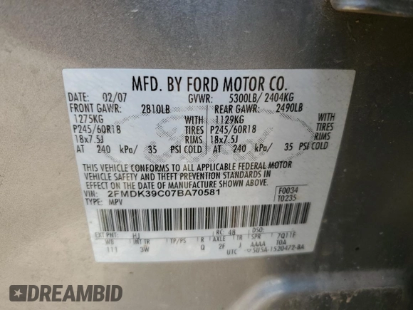 2007 Ford Edge SEL PLUS with VIN 2FMDK39C07BA70581, listed as a Copart auction lot 52822895 with 217,280 mi miles and Clean Title. Bid and sale history available at carsss.com. Image 13.