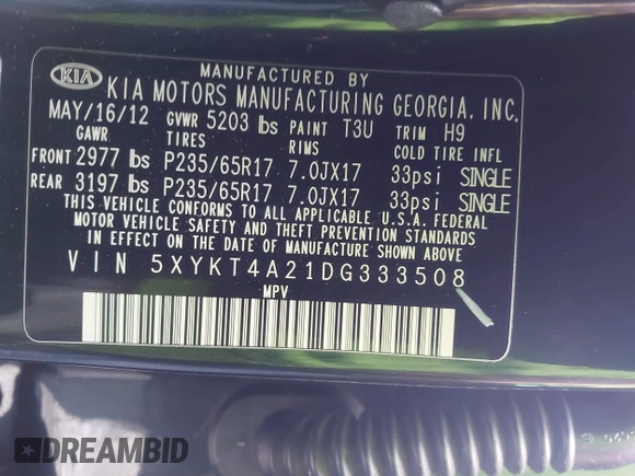 2013 Kia Sorento LX with VIN 5XYKT4A21DG333508, listed as a IAAI auction lot 41863120 with 110,219 mi miles. Bid and sale history available at carsss.com. Image 9.