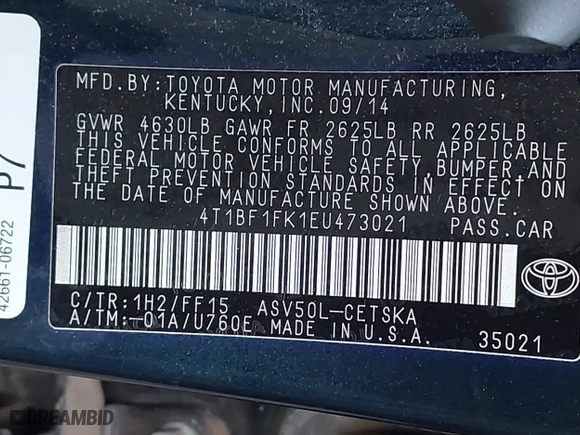 2014 Toyota Camry L with VIN 4T1BF1FK1EU473021, listed as a IAAI auction lot 41781634 with 234,171 mi miles. Bid and sale history available at carsss.com. Image 9.