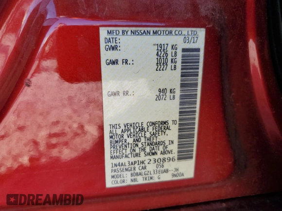 2017 Nissan Altima SV with VIN 1N4AL3AP1HC230896, listed as a Copart auction lot 64444835 with 230,219 mi miles and Clean title. Bid and sale history available at DreamBid. Image 12.