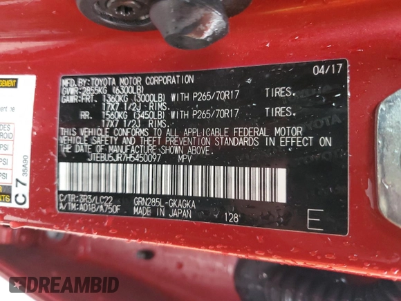 2017 Toyota 4Runner SR5 с VIN JTEBU5JR7H5450097, выставлен на аукционе Copart как лот 55851405 с пробегом 107 906 миль миль и Списание • Salvage title. История ставок и продаж доступна на DreamBid. Изображение 13.