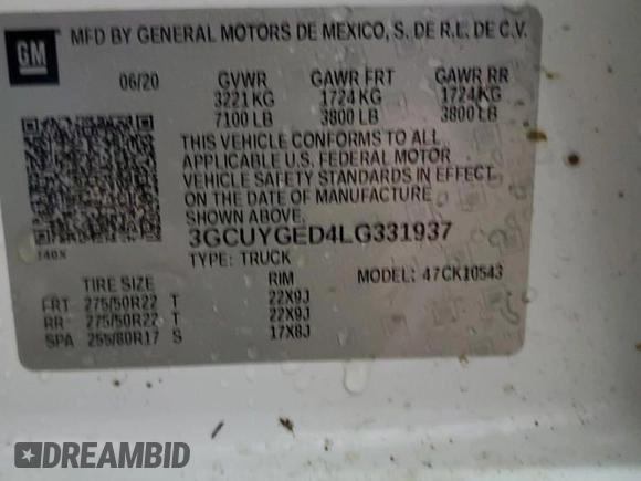 2020 Chevrolet Silverado 1500 LTZ with VIN 3GCUYGED4LG331937, listed as a Copart auction lot 45133695 with 38,065 mi miles and Salvage Title. Bid and sale history available at DreamBid. Image 12.