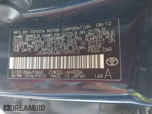 2012 Toyota Prius One z VIN JTDKN3DU8C1595512, wystawiony jako IAAI lot #41804229 z przebiegiem 204 504 mil mil oraz . Historia ofert i sprzedaży dostępna na DreamBid. Obrazek 9.