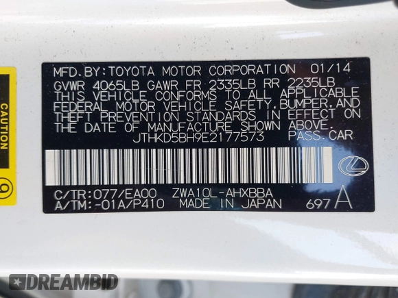 2014 Lexus CT 200h with VIN JTHKD5BH9E2177573, listed as a IAAI auction lot 42676648 with 212,165 mi miles and . Bid and sale history available at DreamBid. Image 9.