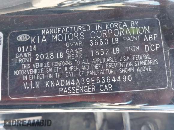 2014 Kia Rio LX with VIN KNADM4A39E6364490, listed as a IAAI auction lot 42128702 with 130,981 mi miles and . Bid and sale history available at DreamBid. Image 9.