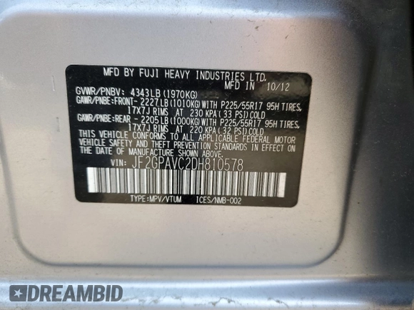 2013 Subaru Crosstrek Premium with VIN JF2GPAVC2DH810578, listed as a Copart auction lot 60107615 with 204,489 mi miles and Clean title. Bid and sale history available at DreamBid. Image 13.