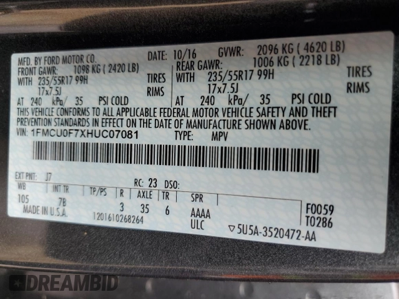 2017 Ford Escape S z VIN 1FMCU0F7XHUC07081, wystawiony jako Copart lot #55094775 z przebiegiem 43 552 mil mil oraz Szkoda całkowita • Salvage title. Historia ofert i sprzedaży dostępna na DreamBid. Obrazek 13.