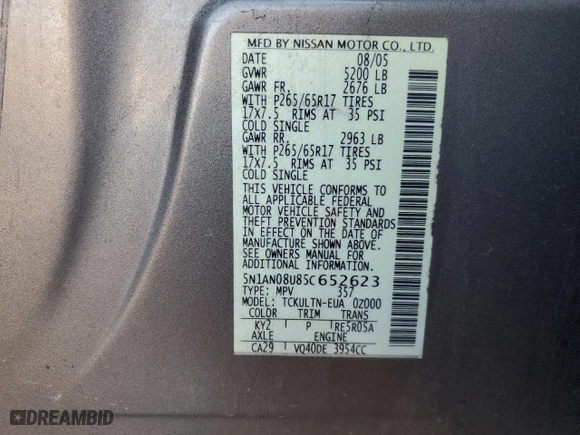 2005 Nissan Xterra S with VIN 5N1AN08U85C652623, listed as a Copart auction lot 46187285 with 137,811 mi miles and Clean Title. Bid and sale history available at carsss.com. Image 13.