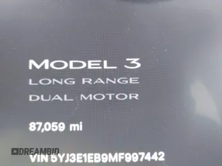 2021 Tesla Model 3 Long Range with VIN 5YJ3E1EB9MF997442, listed as a IAAI auction lot 41759875 with 87,059 mi miles. Bid and sale history available at carsss.com. Image 14.