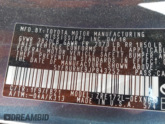 2018 Toyota Corolla L с VIN 5YFBURHE9JP843252, выставлен на аукционе IAAI как лот 42227460 с пробегом 33 576 миль миль и . История ставок и продаж доступна на DreamBid. Изображение 9.