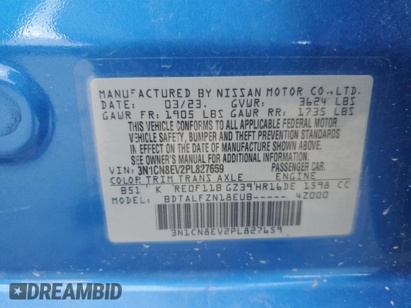 2023 Nissan Versa SV with VIN 3N1CN8EV2PL827659, listed as a Copart auction lot 55775185 with 48,024 mi miles and Salvage title. Bid and sale history available at DreamBid. Image 13.
