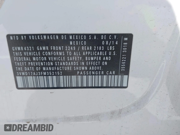 2015 Volkswagen Jetta SE с VIN 3VWD17AJ3FM352152, выставлен на аукционе IAAI как лот 42374530 с пробегом 96 432 миль миль и . История ставок и продаж доступна на DreamBid. Изображение 9.