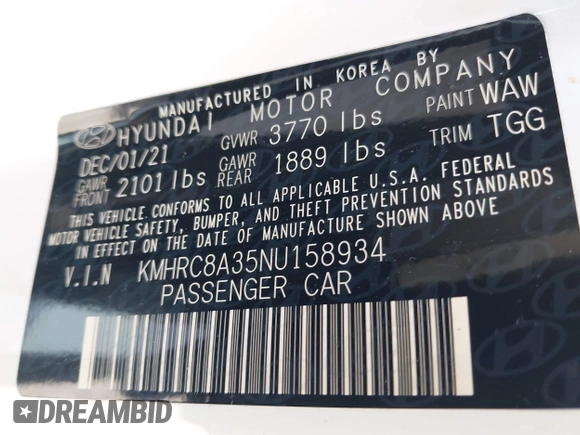 2022 Hyundai Venue SEL with VIN KMHRC8A35NU158934, listed as a IAAI auction lot 42300968 with 31,244 mi miles and . Bid and sale history available at DreamBid. Image 9.