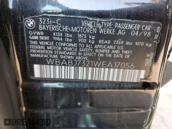 1998 BMW 3 Series 323ic with VIN WBABJ7321WEA17056, listed as a Copart auction lot 75431624 with 189,710 mi miles and Salvage Title. Bid and sale history available at carsss.com. Image 13.