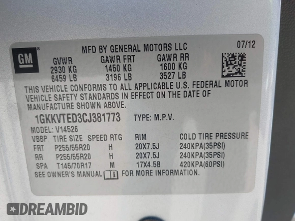 2012 GMC Acadia Denali with VIN 1GKKVTED3CJ381773, listed as a IAAI auction lot 42088013 with 171,132 mi miles. Bid and sale history available at carsss.com. Image 9.