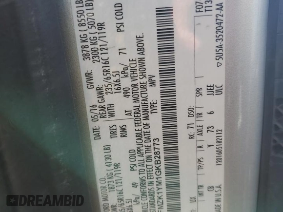 2016 Ford Transit XL z VIN 1FMZK1YM1GKB28773, wystawiony jako Copart lot #71480194 z przebiegiem Nie podano mil oraz Szkoda całkowita • Salvage title. Historia ofert i sprzedaży dostępna na DreamBid. Obrazek 13.