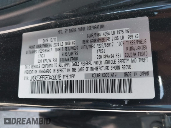 2014 Mazda CX-5 Sport with VIN JM3KE2BE9E0402015, listed as a IAAI auction lot 42098197 with 65,328 mi miles and . Bid and sale history available at carsss.com. Image 9.